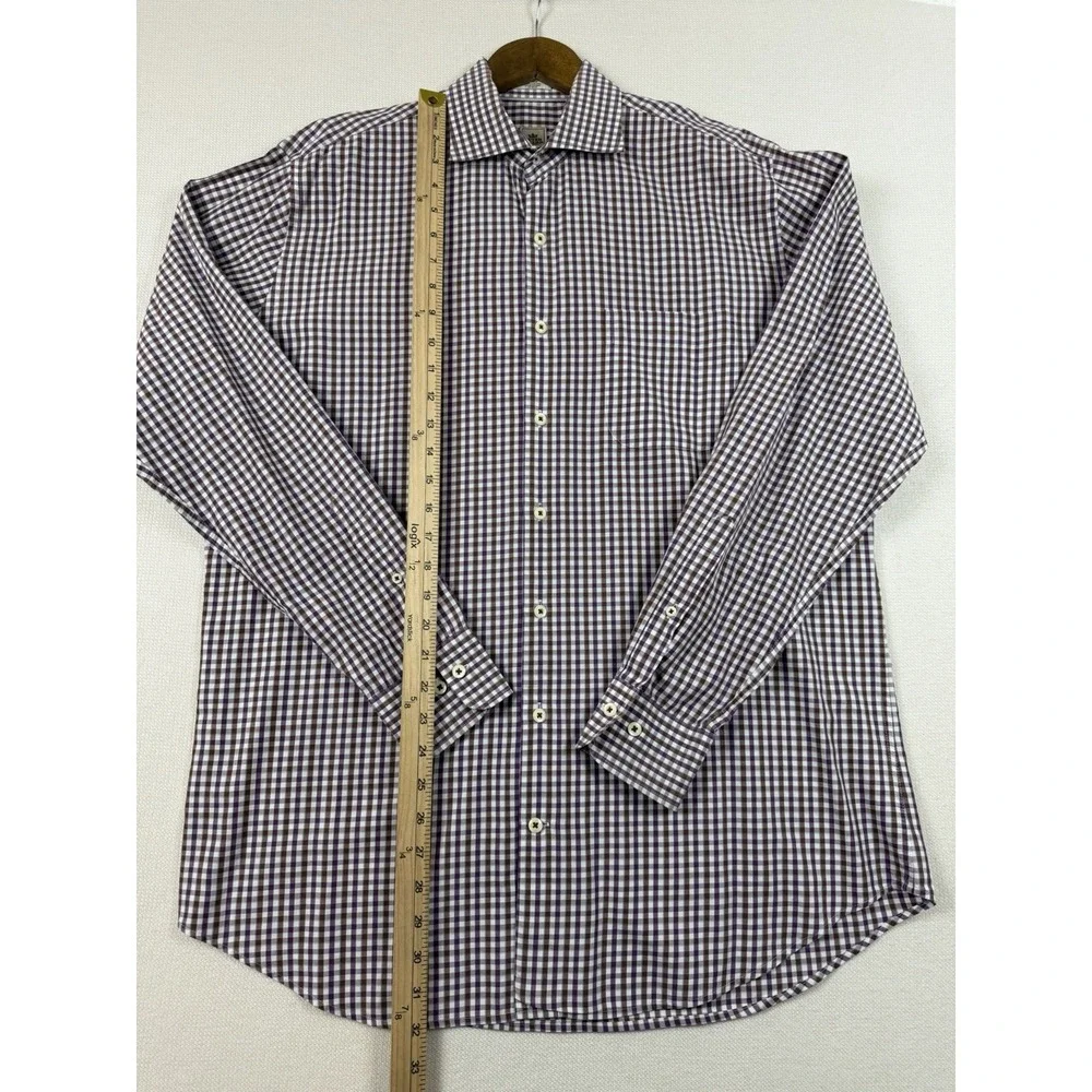 PETER MILLAR Button Up Gingham Check Shirt Men L Purple White Preppy Long Sleeve